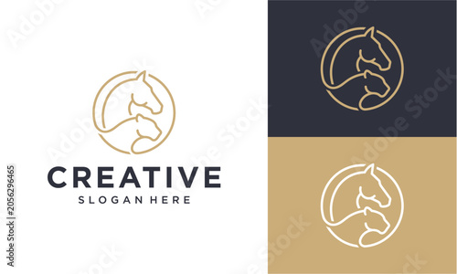 Photography Elegant Horse and Wild Cat Circle Line Art Logo Design for Luxury Brand Identity