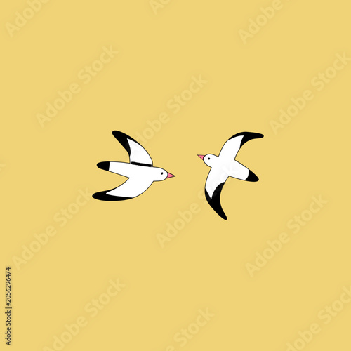 Minimalist vector of two white birds flying on yellow background