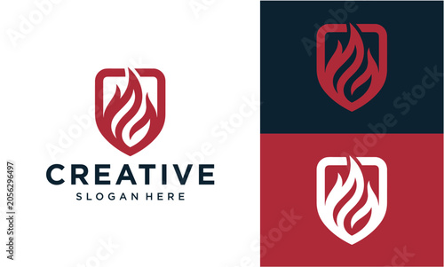 Minimalist shield and flame logo symbol for modern business security and fire protection
