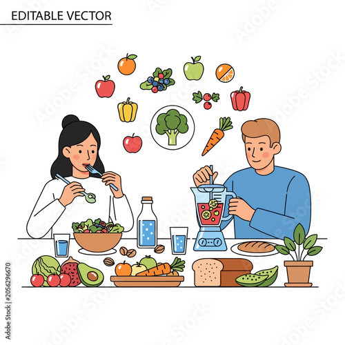 Healthy Lifestyle Couple Preparing and Enjoying Fresh Food and Drinks