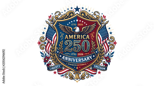 Celebrate America 250 Anniversary with patriotic symbols and heraldic eagle emblem, honoring liberty and freedom
