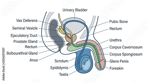 Bild auf Leinwand Detailed anatomical illustration of the male reproductive system with labeled parts on a white background