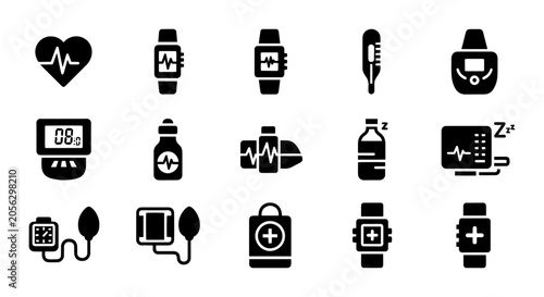 Bild auf Leinwand Medical Health Icons Set, Cardiology, Wearable Tech, Diagnostics, 15 Vector Elem