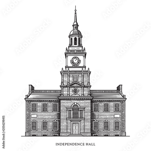 Quadro su tela Independence Hall Philadelphia, Detailed Vintage Landmark Architecture Engraving