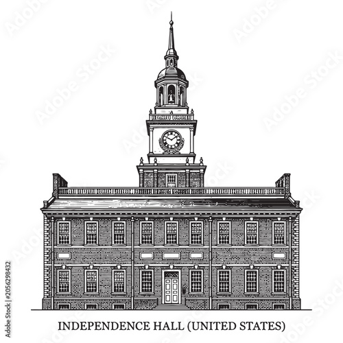 Bild auf Leinwand Independence Hall Philadelphia, Detailed Vintage Landmark Architecture Engraving