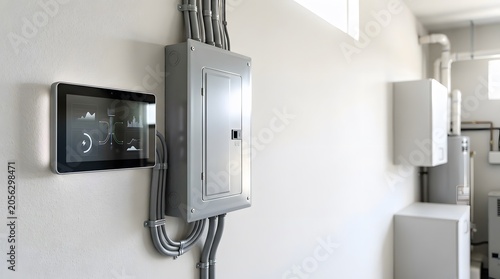 smart home energy consumption monitor mounted near electrical panel showing household efficiency management