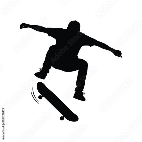 Skateboarder silhouette performing a mid-air trick vector graphic for extreme sports design