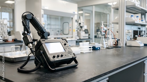professional radiation detection device standing on laboratory safety bench for scientific monitoring applications