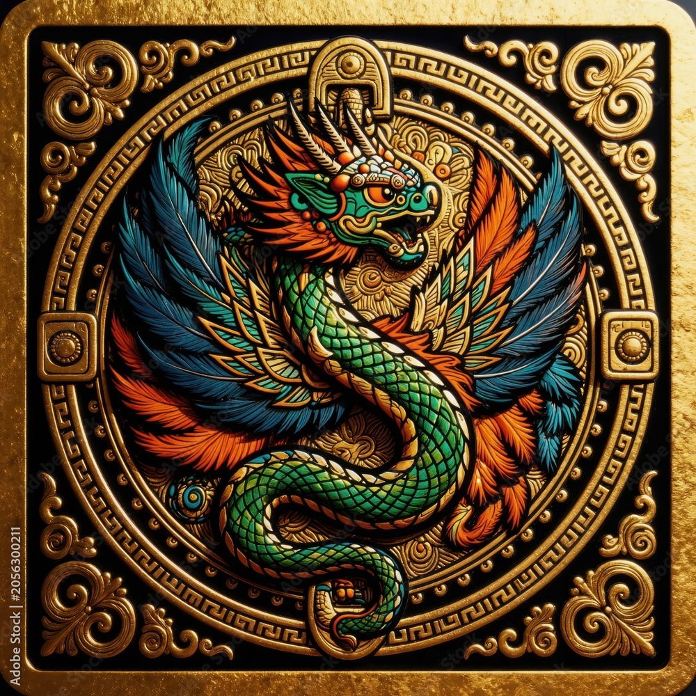 Fototapeta premium Feathered serpent deity Quetzalcoatl in ornate design. Mythical creature with wings and snake body. Aztec god art, cultural symbol, ancient legend. Mystical artwork, rich details, vibrant colors.