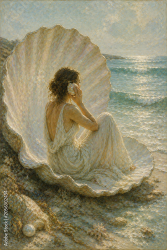 A woman sits inside a large seashell on a sandy beach overlooking the ocean.