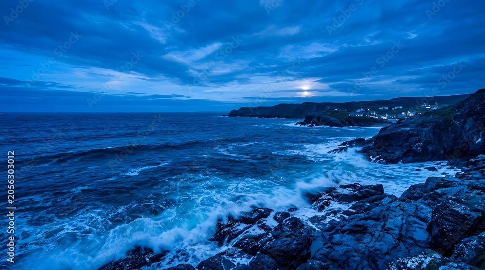 Fototapeta premium Breathtaking Blue Hour Seascape with Crashing Waves and Distant Moonlight Glow