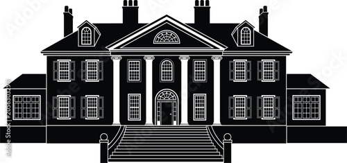 Luxury mansion estate colonial plantation house silhouette vector illustration, historical residence building facade architecture graphic