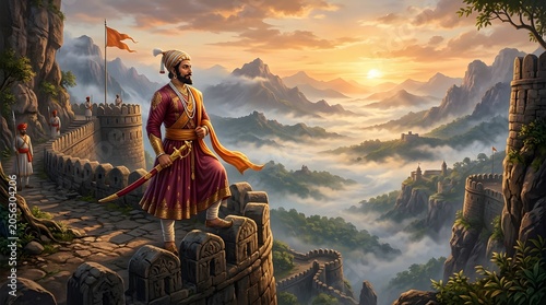 Historical warrior Shivaji surveys a majestic mountain landscape from a ancient fort at sunrise, inspiring courage