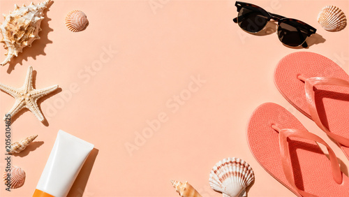 beach accessories with flip flops sunglasses seashell and sunscreen on peach background. Summer vacation travel concept. Flat lay top view of holiday objects for travel advertisement template