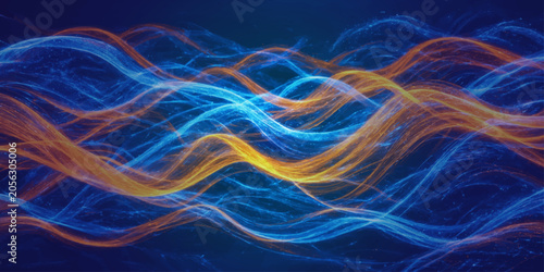 Abstract glowing particle flow stream with blue and orange energy waves particles abstract background connection movement technology particle universe structure communication electric. 
