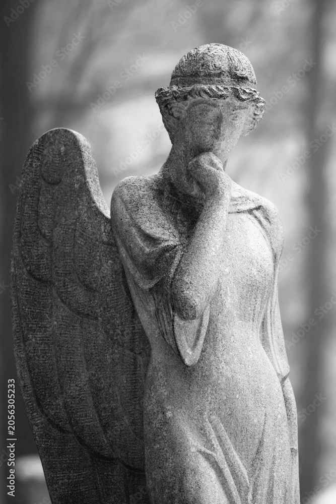 Obraz premium Black and white portrait of a mourning angel statue.