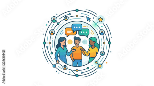 Diverse people in conversation, communication network, social connections, connection icons
