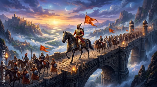 Historic warrior Shivaji leads his army across a stone bridge at sunrise, symbolizing courage and leadership in ancient