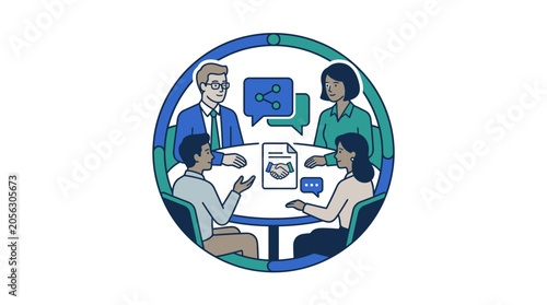 Diverse team collaborating around a table discussing shared ideas and agreements