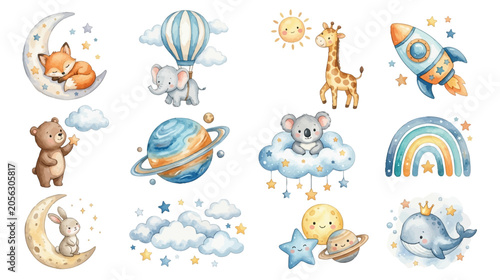 Photography Cute baby space and safari elements in pastel watercolor style