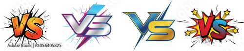 VS Versus Logo Set. 4 Comic Battle Letters Vector Pack for Gaming and Sports. Versus Battle Text Effect Bundle.