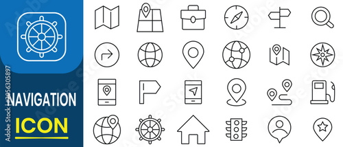 Navigation icon set. Roadmap icon set. Route web line icons, location, traffic, pin, collection, parking map location symbols. Vector illustration.