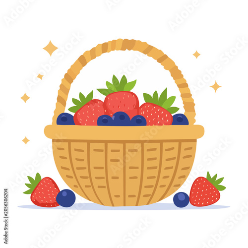Strawberry basket with berries flat design