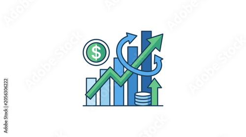 Financial Growth Bar Chart with Upward Arrow and Coin Icon