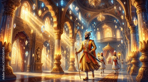 Historical depiction of Shivaji walking through a grand palace hall with ornate pillars and golden light beams