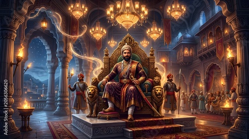 Majestic depiction of Emperor Shivaji seated on a grand throne in a richly decorated royal hall with guards