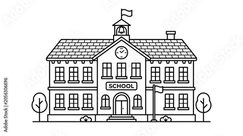 Classic school building with clock tower and flags, outline illustration