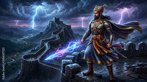 Warrior king Shivaji stands strong on ancient stone ramparts with a glowing magical sword during a fierce lightning