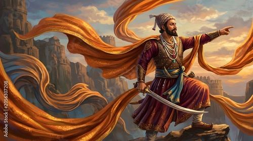 Historical warrior Shivaji Maharaj stands proudly on a rocky outcrop, pointing towards a distant fortress with flowing