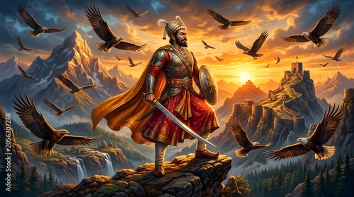 Warrior Shivaji stands proudly on a mountain peak surrounded by eagles at sunset, holding a sword and shield