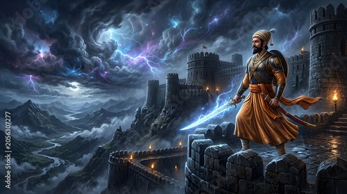 Brave warrior Shivaji stands on a fortress wall with a glowing sword during a dramatic stormy night with lightning