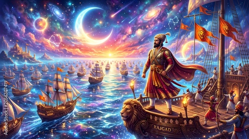 Maharaja Shivaji surveys his vast fleet of ancient ships sailing on a mystical, star-filled ocean under a crescent moon