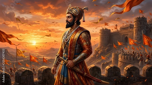 Historical portrait of the brave warrior Shivaji standing proudly with sword in hand overlooking a fort at sunset