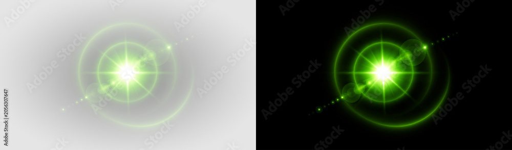 Obraz premium Lensflare glow green radial light effect, on transparent background