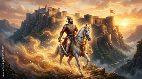 Historic warrior Shivaji Maharaj on horseback surveys his majestic mountain fort at sunrise with dramatic golden clouds