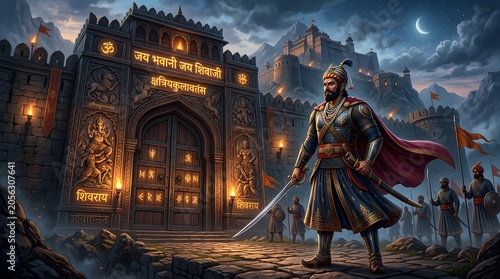 Brave warrior Shivaji stands guard at a majestic ancient fort entrance with soldiers and a dramatic cloudy sky at night