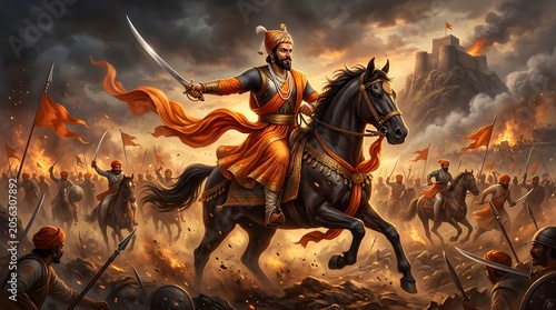 Maharaja Shivaji Maharaj leads his army on horseback with sword raised in a dramatic battlefield scene