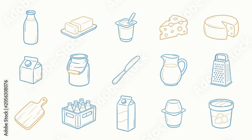 Fotografie Collection of hand-drawn dairy products and kitchen utensils, isolated on a white background