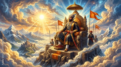 Majestic portrait of Shivaji Maharaj seated on a throne atop a mountain peak, bathed in divine sunlight amidst dramatic