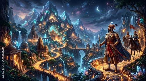 Maharaja Shivaji surveys a mystical, glowing mountain city with winding roads and waterfalls under a starry night sky