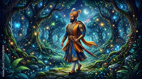 Historical warrior Shivaji walking through a magical enchanted forest filled with glowing lights and mystical trees