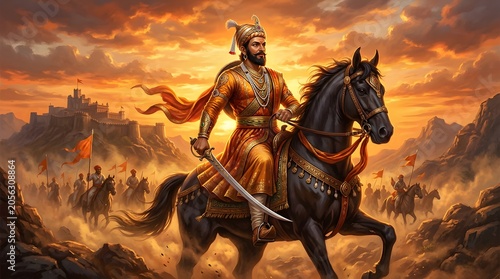 Maharaja Shivaji on horseback with sword, leading his army through a dramatic, dusty battlefield at sunset