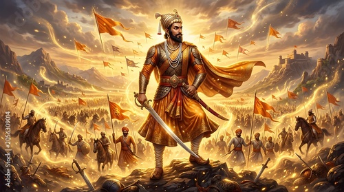 Majestic Shivaji Maharaj stands victorious with sword raised amidst a triumphant army and fluttering flags