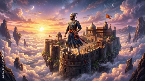 Historical Indian warrior Shivaji Maharaj stands proudly on a floating fortress amidst clouds at sunrise