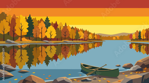 Autumn lake reflection with colorful forest golden foliage and peaceful natural scenery vector illustration
