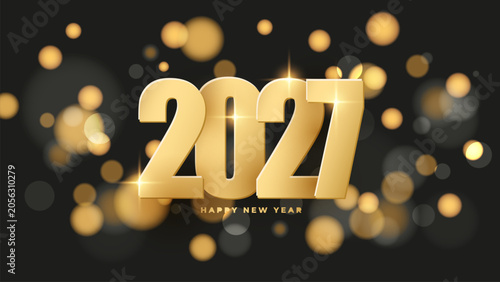2027 Happy New Year banner. Gold color. New Year 2027 bright holiday background. Bokeh lights. Vector illustration.